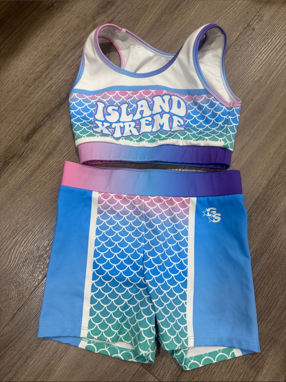 GS  Light Blue and White Metmaid Cheer Set Sports Bra and Hot Pants